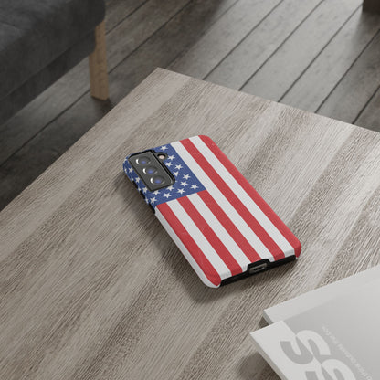 American flag tough phone case for iPhone and Samsung, patriotic protective cover with bold flag design by Printify.