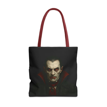 Black vampire tote bag with spooky gothic design, ideal for Halloween accessories, made by Printify.