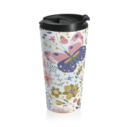 Floral and butterfly 15oz insulated stainless steel travel mug