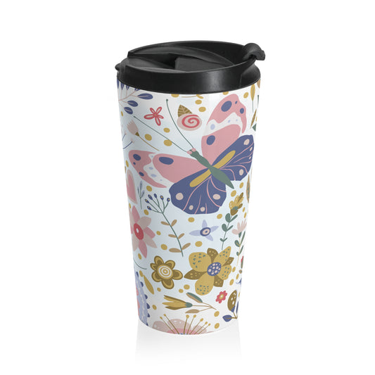 Floral and butterfly 15oz insulated stainless steel travel mug