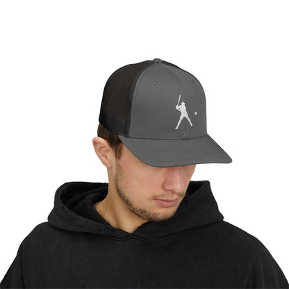 Vintage baseball snapback trucker cap with batter silhouette print, styled as a classic hat by Printify.