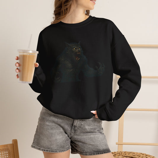Dark moon horror crewneck sweatshirt featuring a werewolf illustration, perfect for spooky and stylish casual wear.