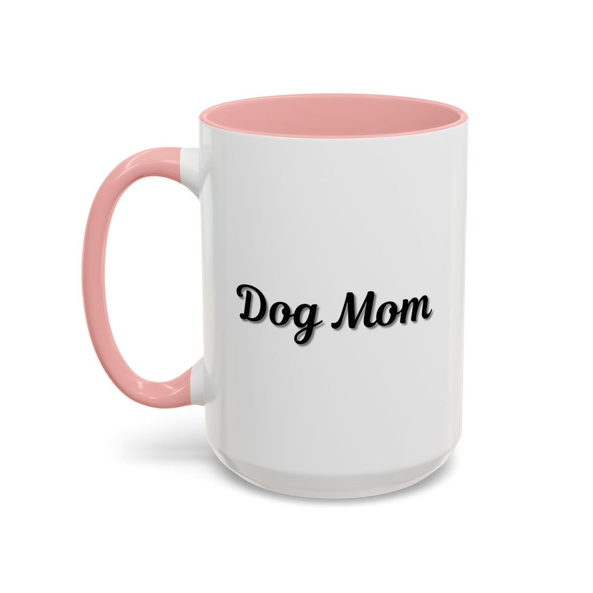 Dog Mom Accent Coffee Mug — white ceramic coffee mug with retro script "Dog Mom" print, colored interior and C-handle, 11oz/15oz, additional angle
