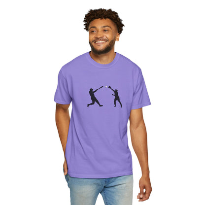 Black baseball silhouette graphic T-shirt for men, featuring minimal baseball players design on soft cotton fabric.