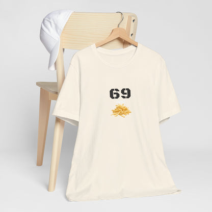 Unisex graphic T-shirt featuring humorous 69 and French fries design, casual fit, printed by Printify, on a plain background.