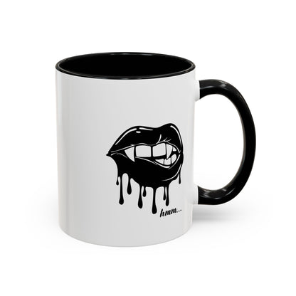 Black accent Dripping Bite coffee mug by Printify, 11oz or 15oz size, featuring a unique dripping bite design and glossy finish.