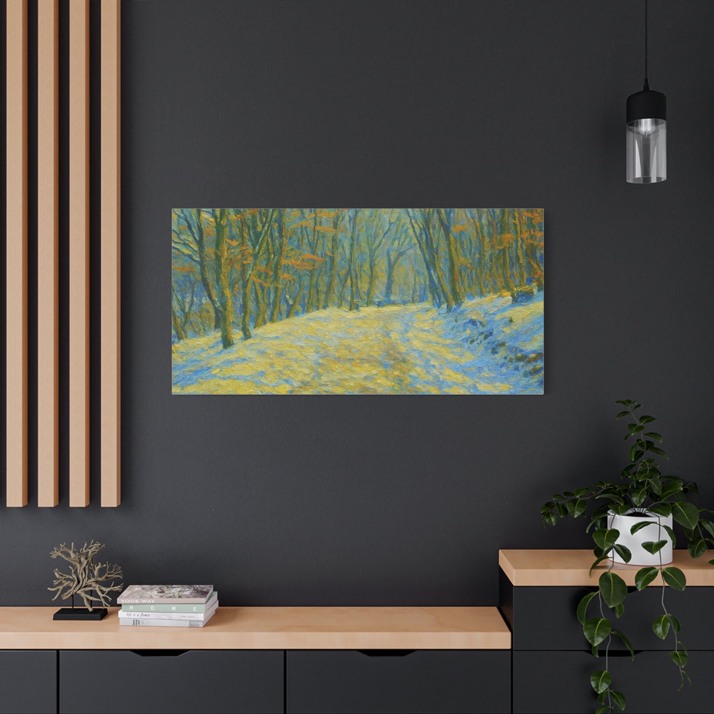 Winter landscape canvas wall art by Printify featuring a cozy nature scene, ideal for living room decor.