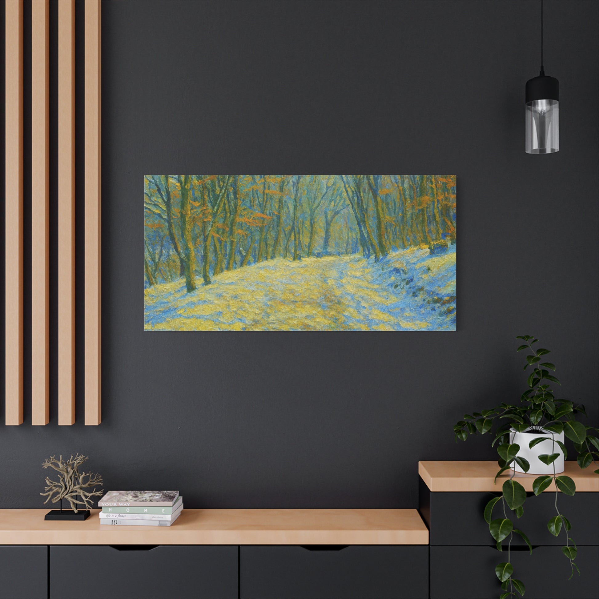 Winter landscape canvas wall art by Printify featuring a cozy nature scene, ideal for living room decor.