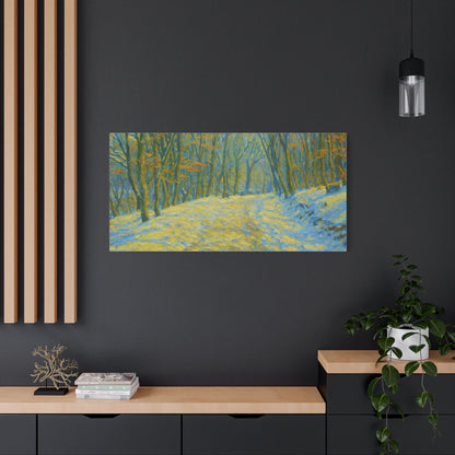 Winter landscape canvas wall art by Printify featuring a cozy nature scene, ideal for living room decor.