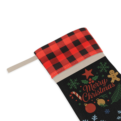 Decorative Christmas ornament with snowflakes and buffalo plaid cuff, designed for hanging stockings or holiday decor.