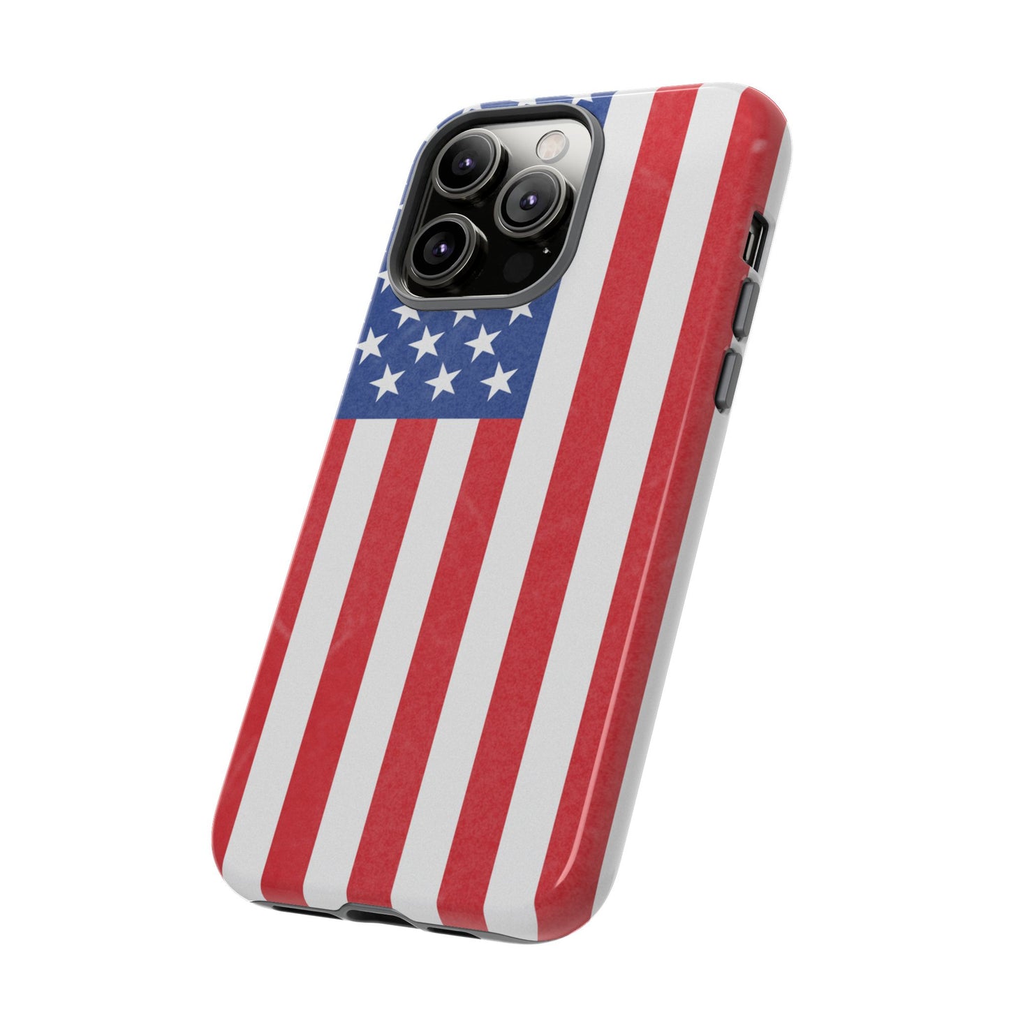 American flag tough phone case for iPhone and Samsung, patriotic protective cover with bold flag design from Printify