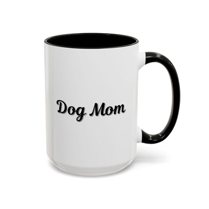 Dog Mom Accent Coffee Mug — white ceramic coffee mug with retro script "Dog Mom" print, colored interior and C-handle, 11oz/15oz, styled lifestyle product photo