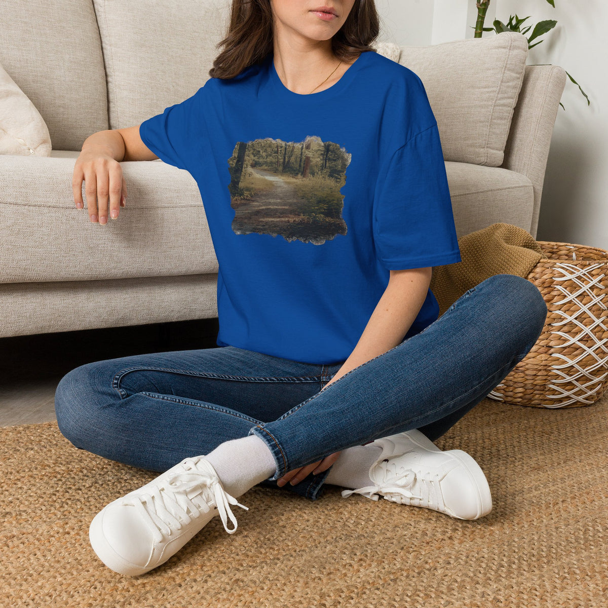 Vintage Forest Landscape T-Shirt by Printify featuring a nature pathway design on a casual cotton tee.