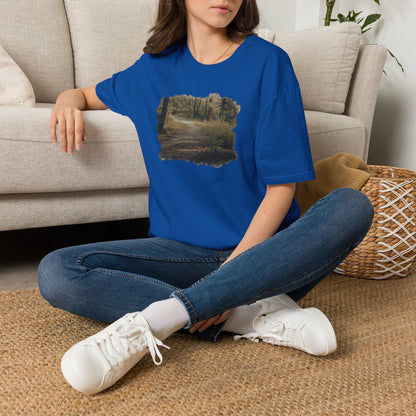 Vintage Forest Landscape T-Shirt by Printify featuring a nature pathway design on a casual cotton tee.