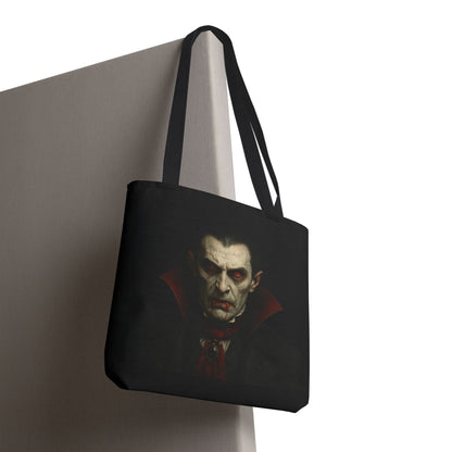 Black vampire tote bag with spooky gothic design, featuring bat and moon motifs, perfect for Halloween accessories.