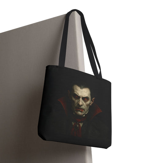 Black vampire tote bag with spooky gothic design, featuring bat and moon motifs, perfect for Halloween accessories.