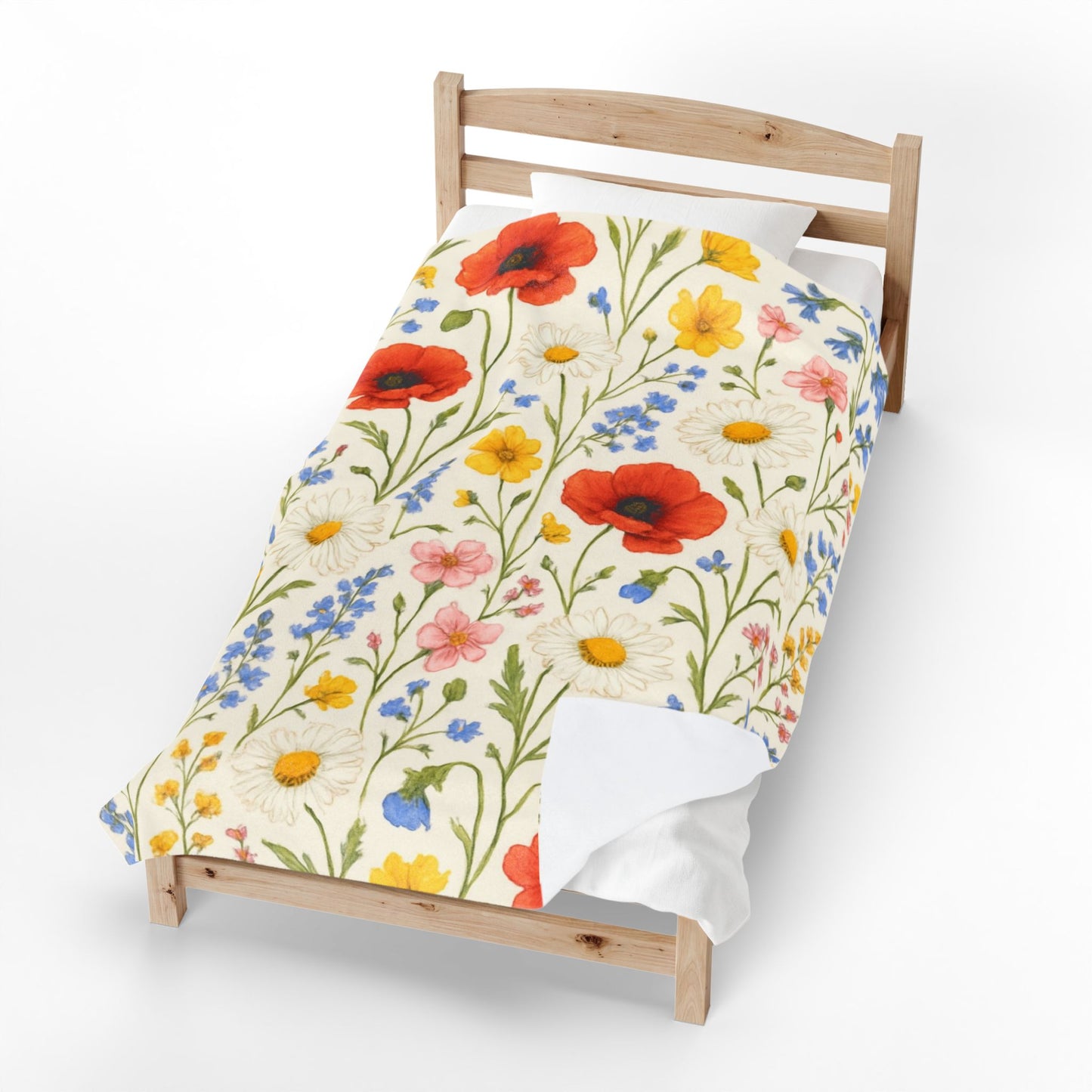 Velveteen plush blanket with all-over poppy daisy floral print from Printify featuring wildflower meadow design.