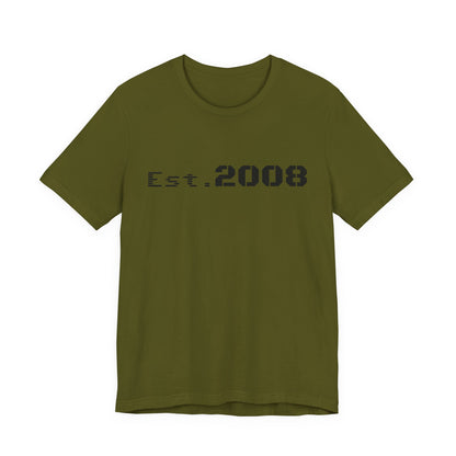 Black graphic T-shirt from Printify featuring "Established 2008" text and minimal design on the front.