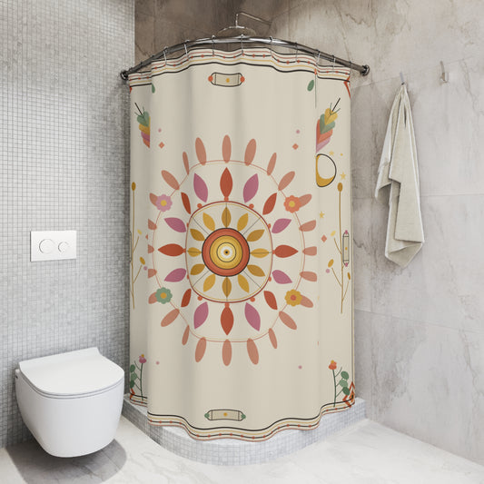 Boho Floral Mandala Shower Curtain | Neutral Pink Yellow Sunburst