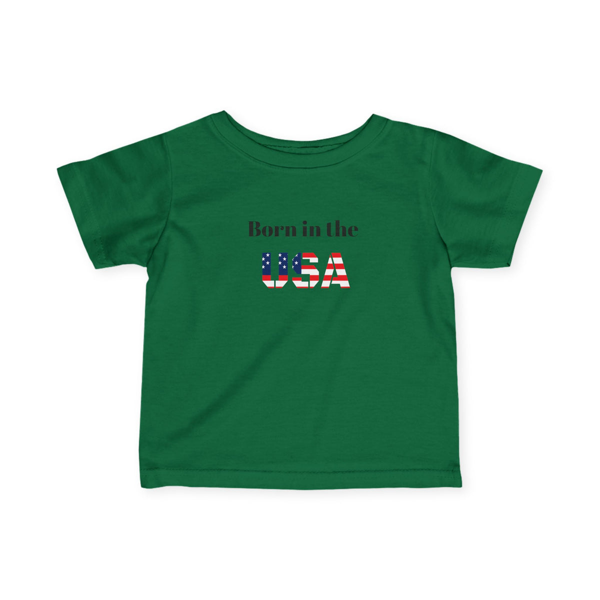 Baby infant T-shirt from Printify featuring a patriotic "Born in the USA" design, suitable for kids' casual wear.