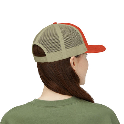 Vintage baseball snapback trucker cap with batter silhouette, Printify branded hat featuring mesh back and adjustable strap.