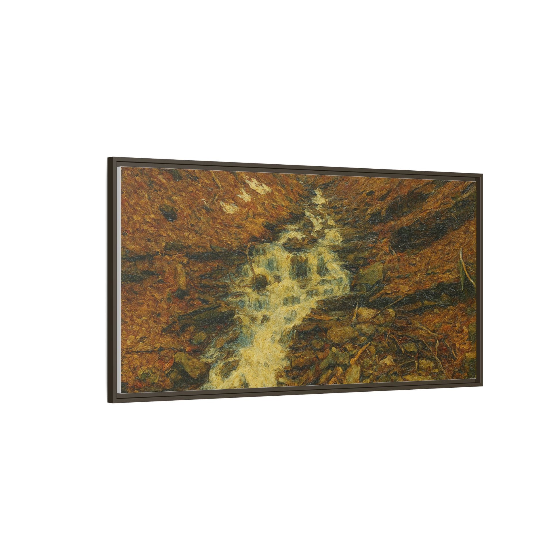 Framed matte canvas print of autumn stream landscape artwork by Printify, showcasing vibrant fall colors and serene nature scene.