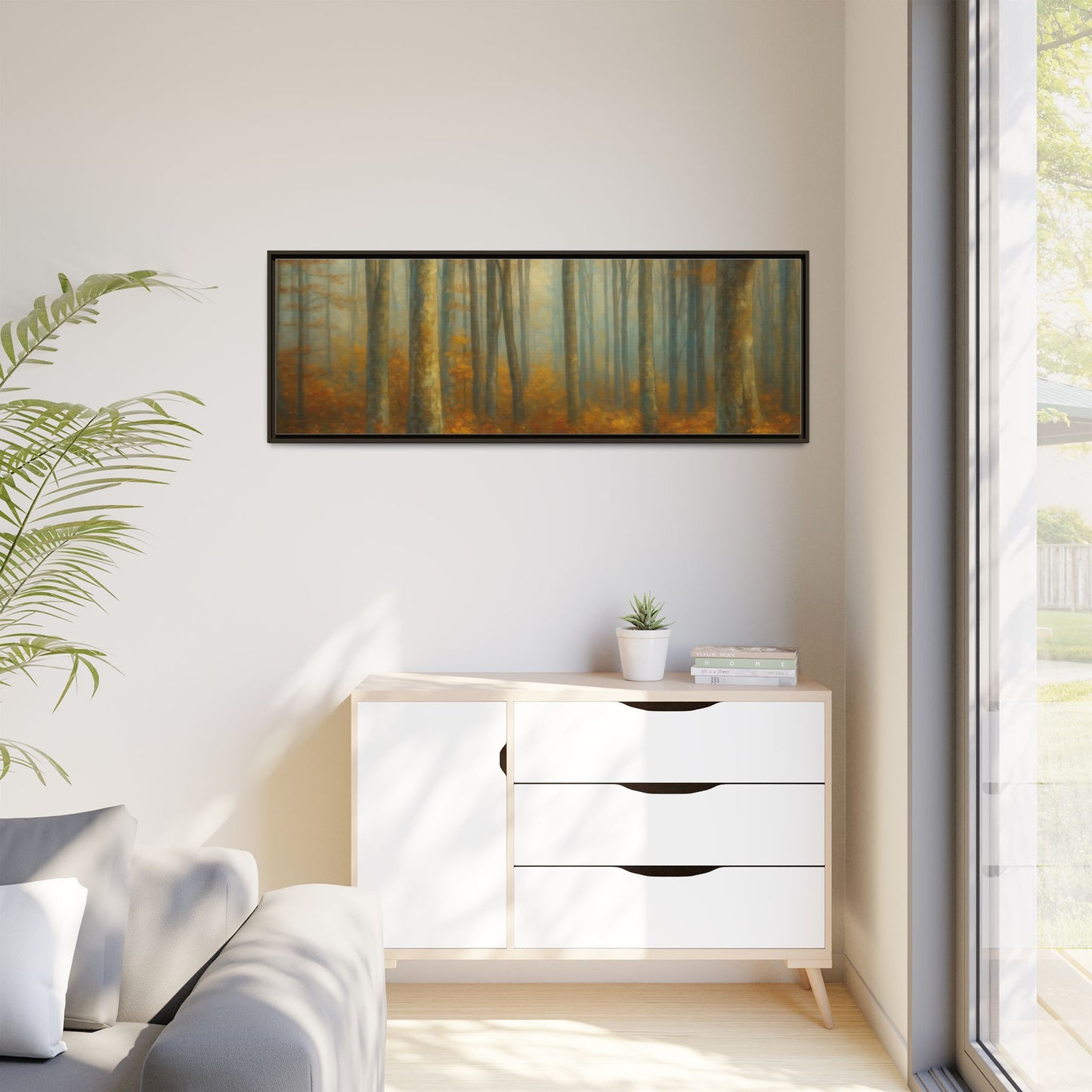Framed autumn forest canvas print featuring misty woodland scene, wall art by Printify showcasing nature and seasonal colors.