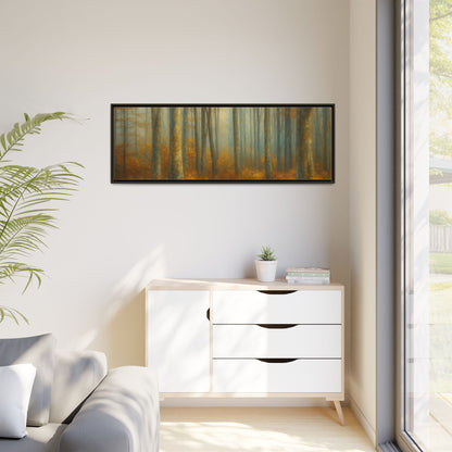 Framed autumn forest canvas print featuring misty woodland scene, wall art by Printify showcasing nature and seasonal colors.