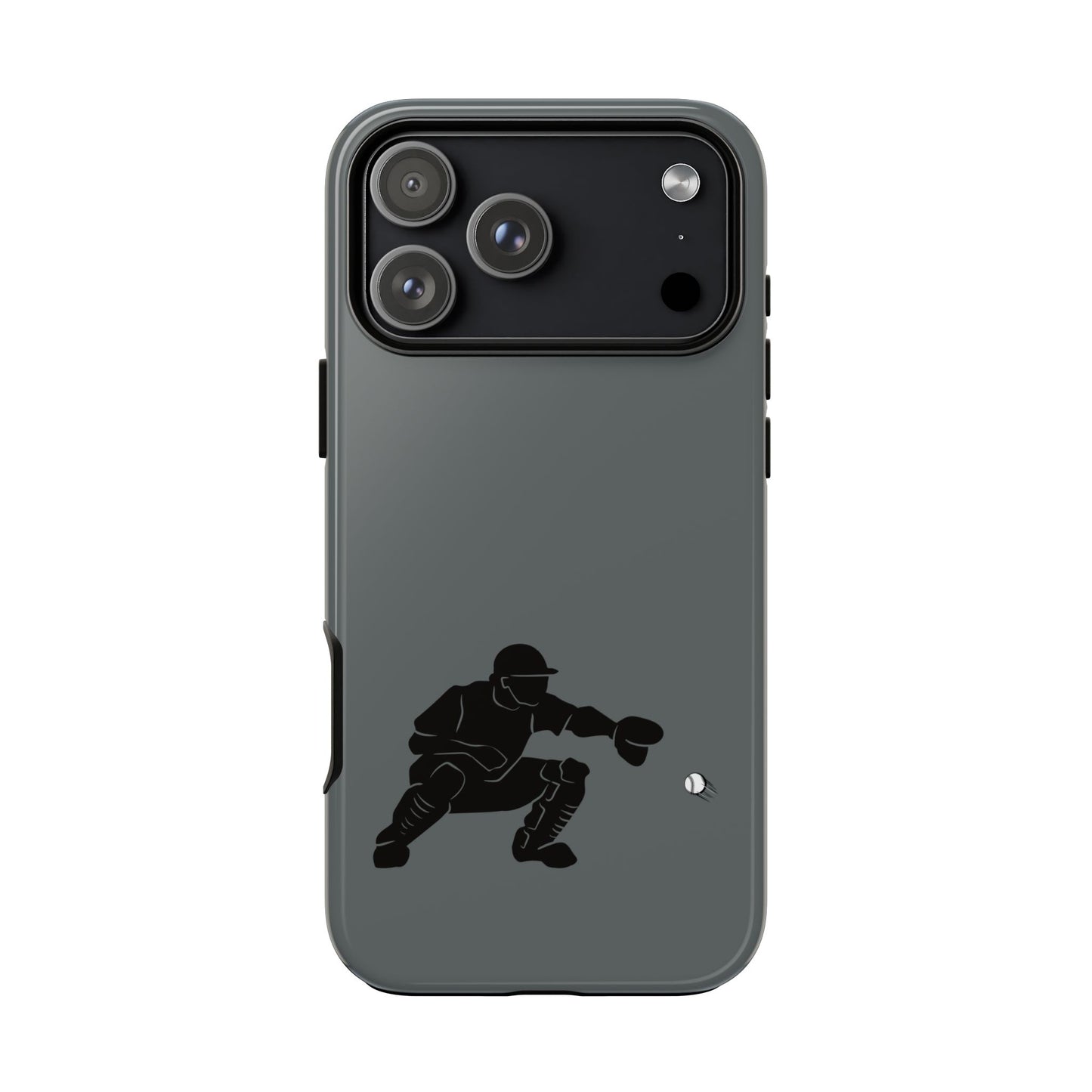 Printify baseball catcher phone case with tough, protective design for smartphones, featuring a baseball glove and ball illustration.