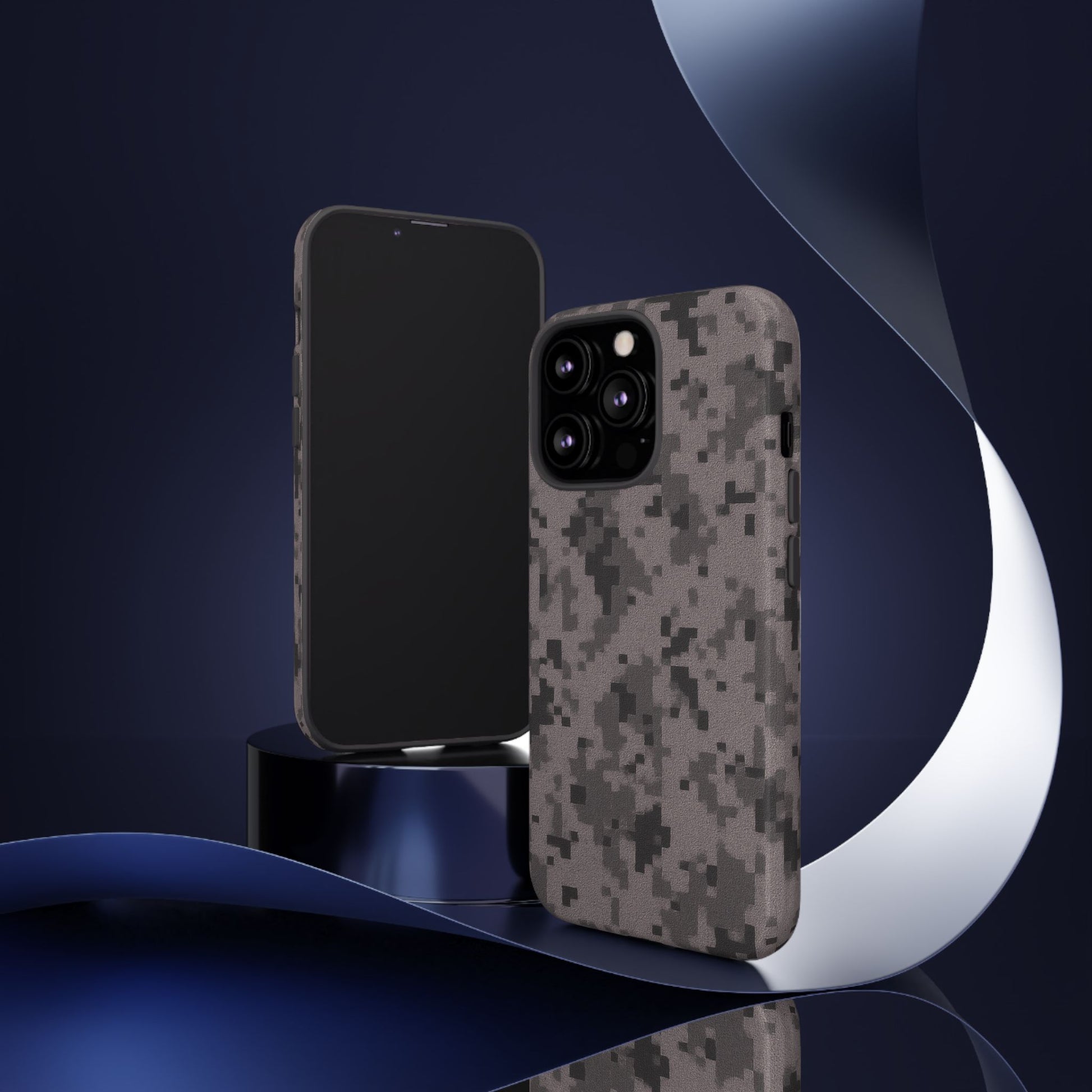 Gray digital camouflage phone case by Printify, rugged protective cover designed for smartphones.