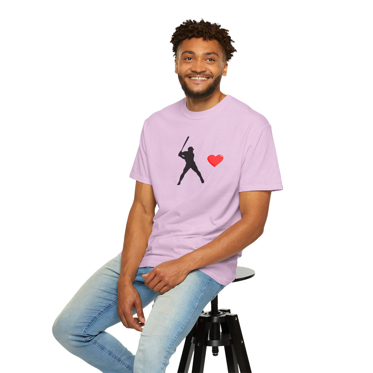 Printify baseball batter heart T-shirt featuring a graphic of a player swinging a bat, casual and stylish for sports fans.