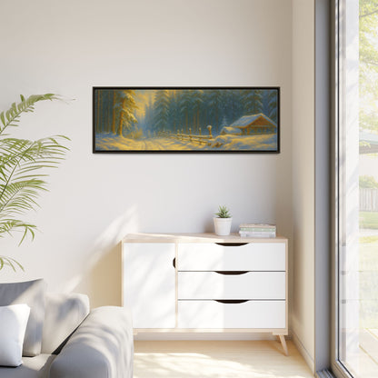 Framed winter cabin canvas print featuring a snowy forest sunset wall art by Printify, showcasing a serene winter landscape scene.