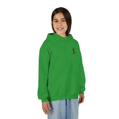 Youth baseball silhouette hoodie for kids featuring a baseball player graphic, comfortable pullover made by Printify.