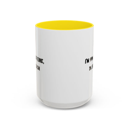 Ceramic coffee mug with "I'm 99% Caffeine, 1% Sarcasm" print, featuring a white background and humorous design.