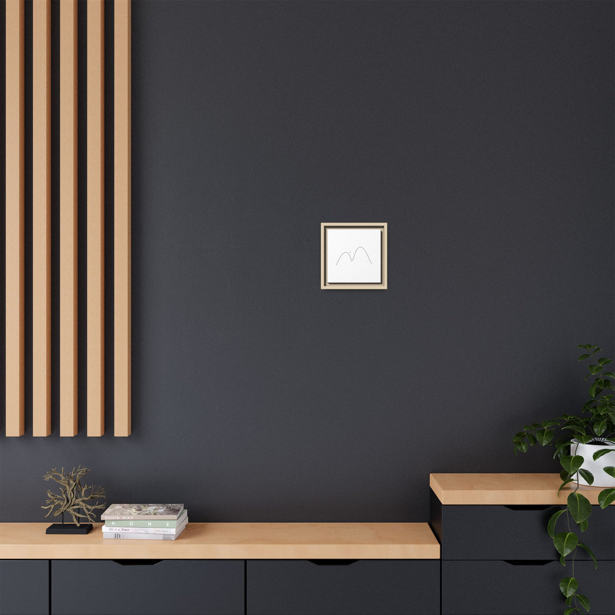 Minimalist mountain line art framed matte canvas by Printify, featuring simple mountain outline on a sleek canvas.