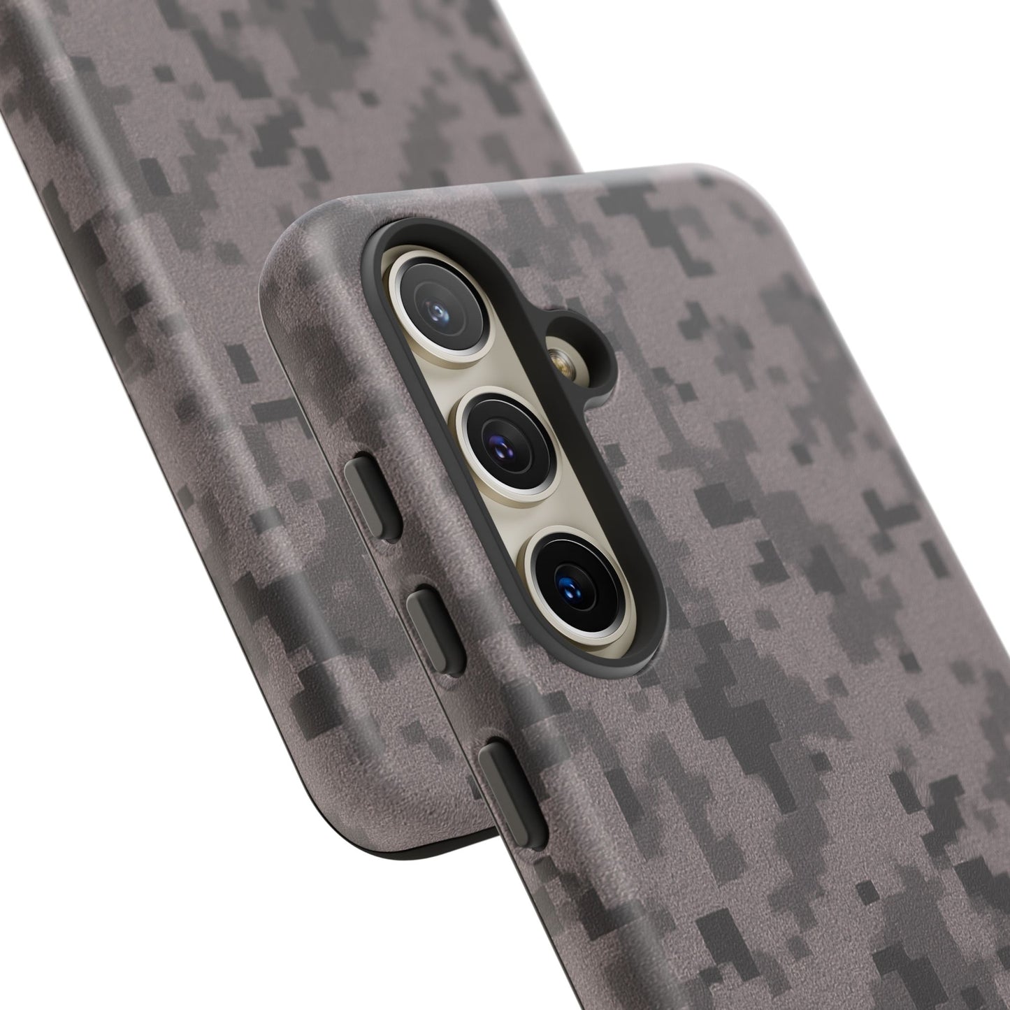 Gray digital camouflage phone case by Printify, featuring a tough protective cover for smartphones with a modern camouflage design.