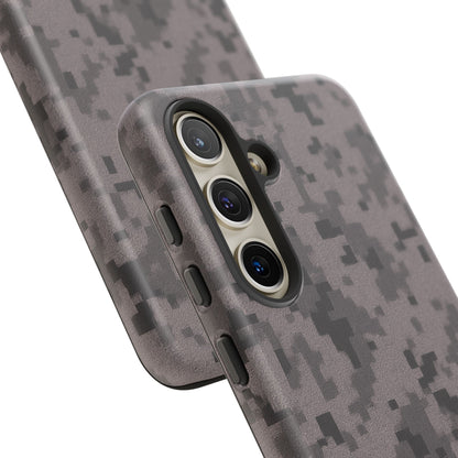 Gray digital camouflage phone case by Printify, featuring a tough protective cover for smartphones with a modern camouflage design.
