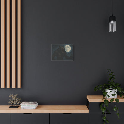 Spooky werewolf moon matte canvas print featuring a full moon and dark forest scene, ideal for wall art decor.