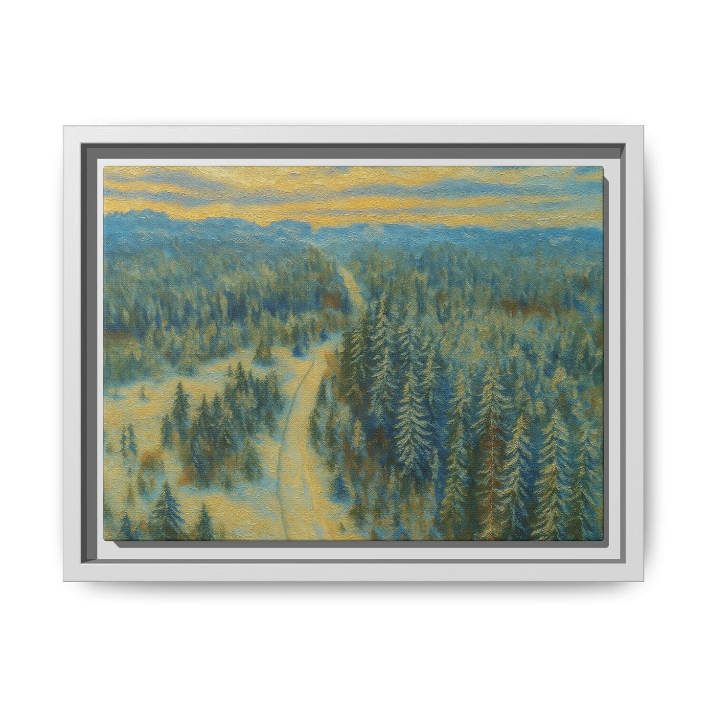 Framed matte canvas print of a serene winter forest landscape by Printify, showcasing snowy trees and tranquil nature scene.