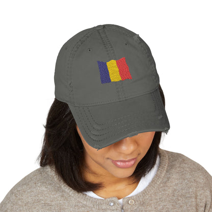 Stylish Distressed Dad Hat with Embroidered Romanian Flag, Casual Cap, Great Gift for Dads, Unisex Baseball Hat, Perfect for Summer Outings - TRV