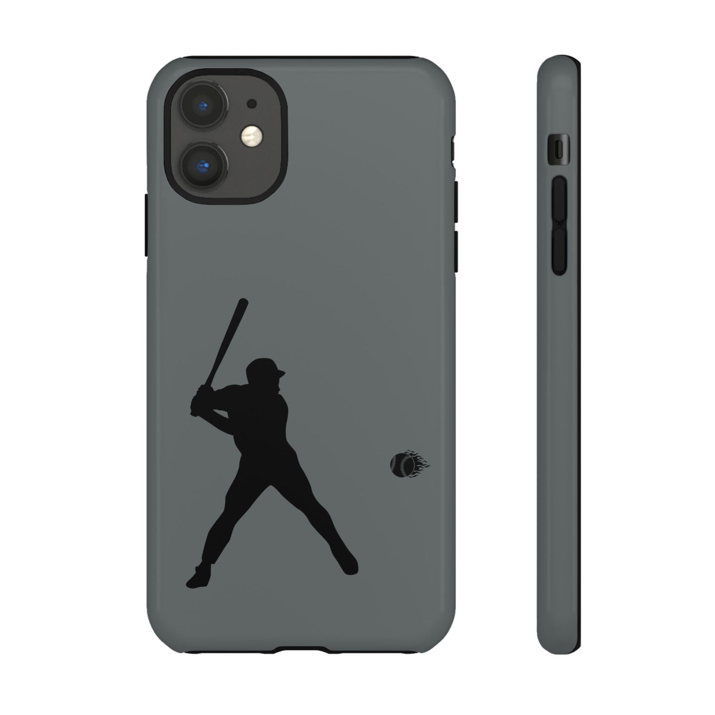 Black baseball silhouette tough phone case for iPhone, protective sporty design by Printify, shows a baseball and bat graphic.