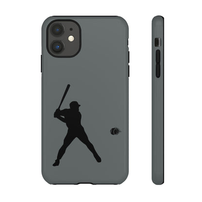 Black baseball silhouette tough phone case for iPhone, protective sporty design by Printify, shows a baseball and bat graphic.