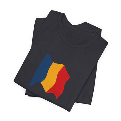 Romania flag T-shirt by Printify featuring a minimal waving tricolor design on a comfortable cotton tee.