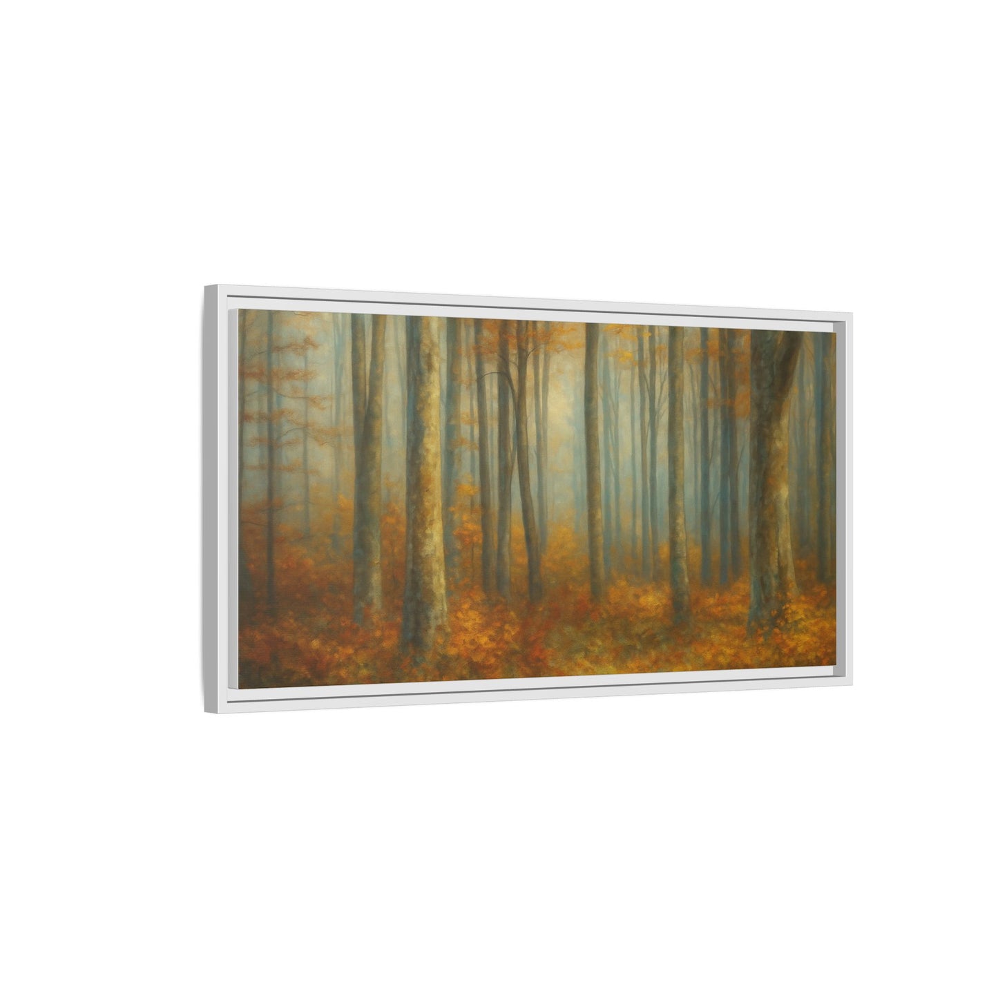 Framed autumn forest canvas print featuring a misty woodland scene, ideal wall art for nature-inspired home decor.