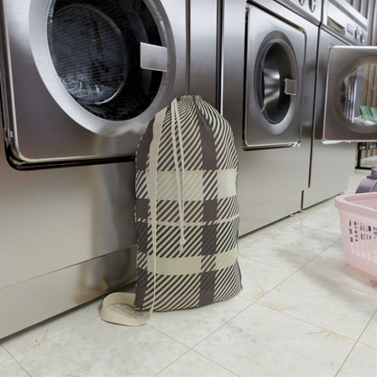 Plaid Laundry Bag — Beige & Brown Drawstring Wash Tote