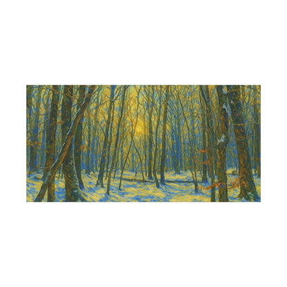 Winter woodland forest sunlight canvas print, matte stretched art by Printify featuring a serene winter forest scene.