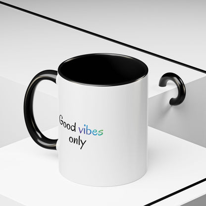 Printify Good Vibes Only coffee mug with positive morning quote, ceramic tea cup with colorful design and handle.