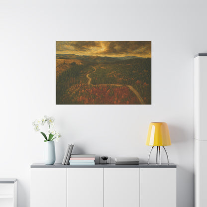 Moody forest landscape on Autumn Ridge Road matte stretched canvas wall art by Printify featuring a serene forest scene.