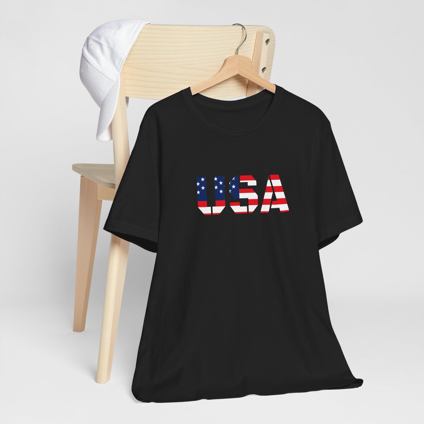 USA Flag Text Tee — Patriotic Fourth of July T-Shirt