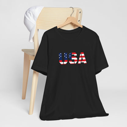 USA Flag Text Tee — Patriotic Fourth of July T-Shirt